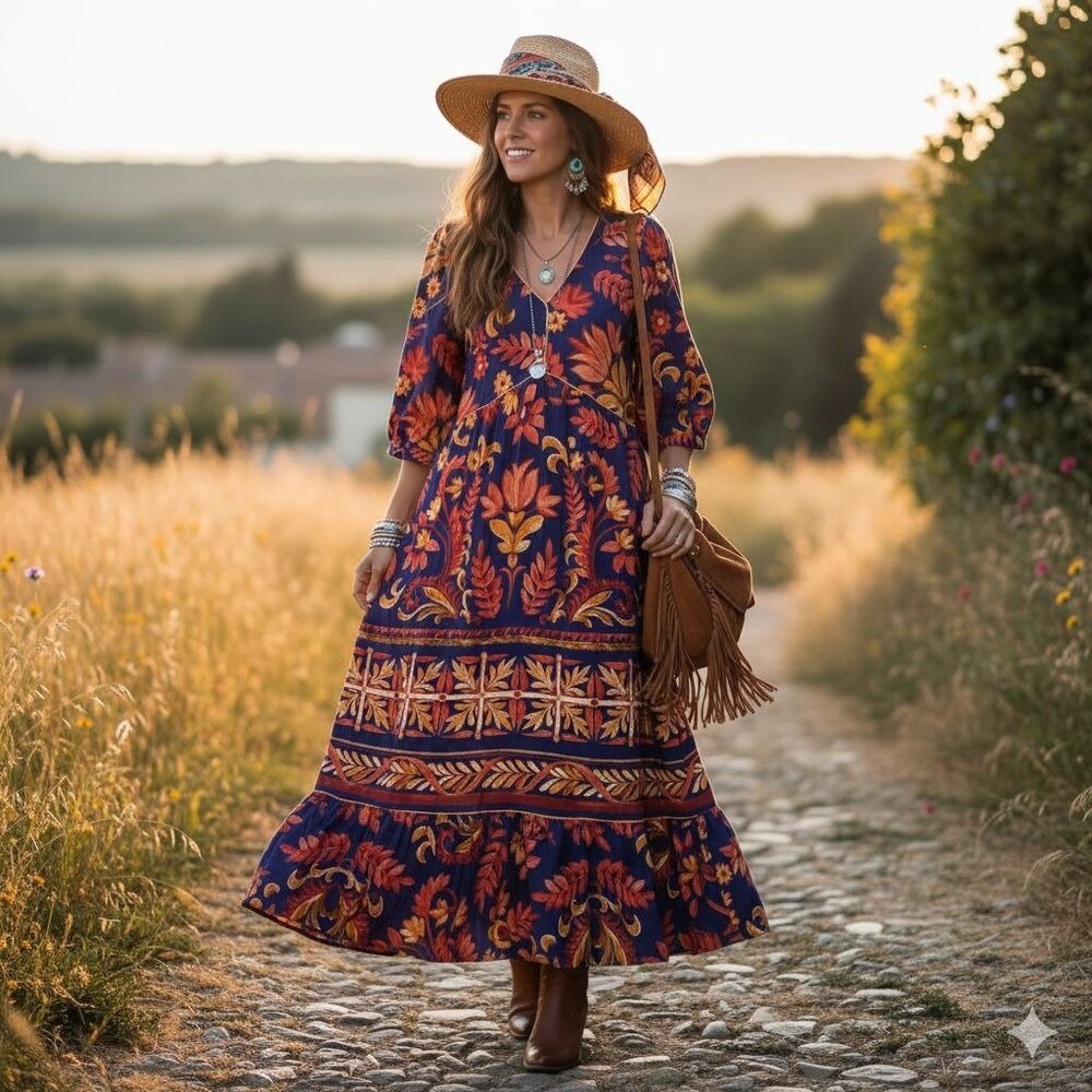 Figueroa & Flower Floral Maxi Dress Size Medium Boho‎ Chic Peasant Cottage Flowy